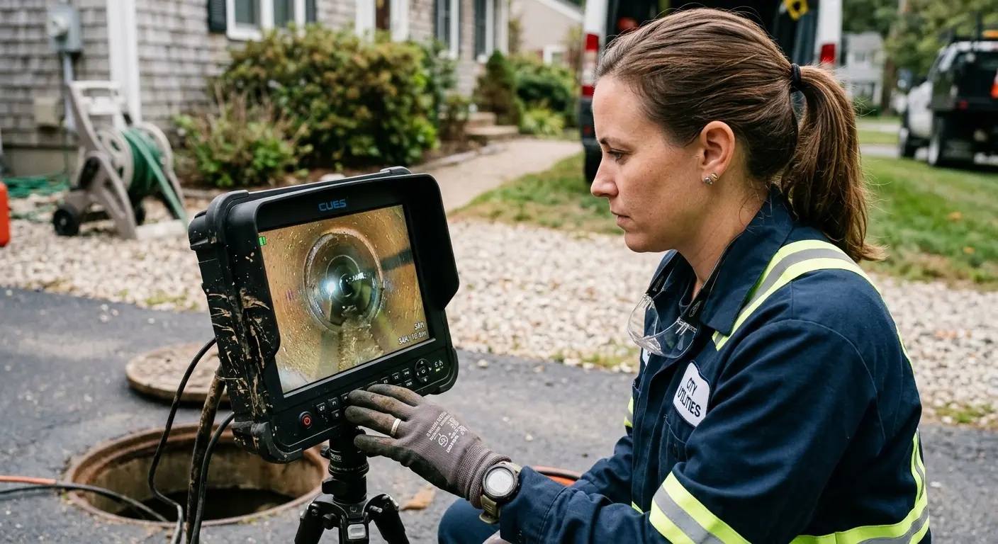Technician reviewing sewer camera inspection footage in Oldsmar