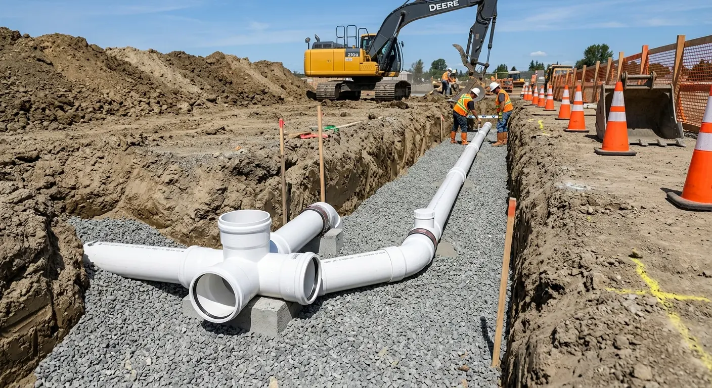 New PVC sewer pipe installation in open trench for Commercial Drain Cleaning in Oldsmar