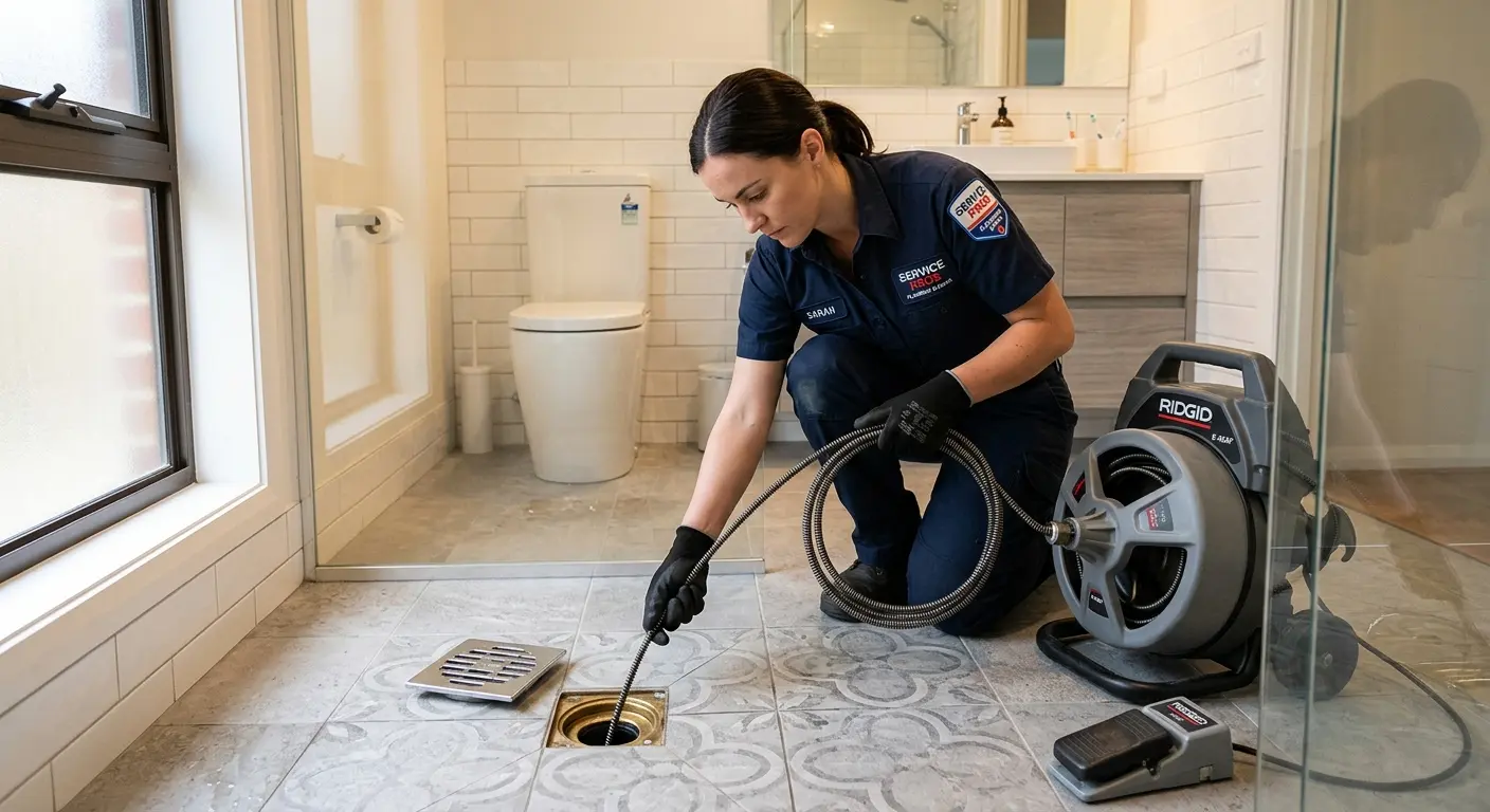 Technician clearing a bathroom floor drain for Clogged Drain Repair in Oldsmar